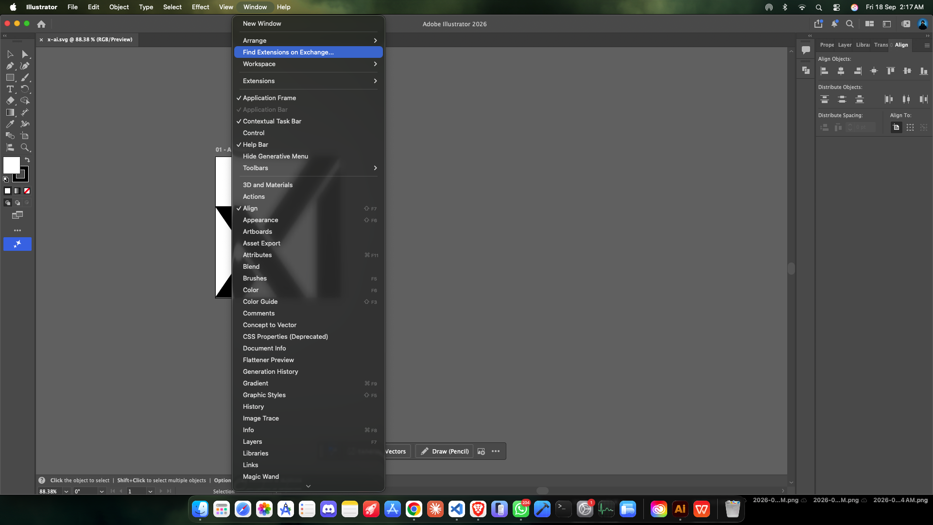 Illustrator Window menu with Find Extensions on Exchange highlighted