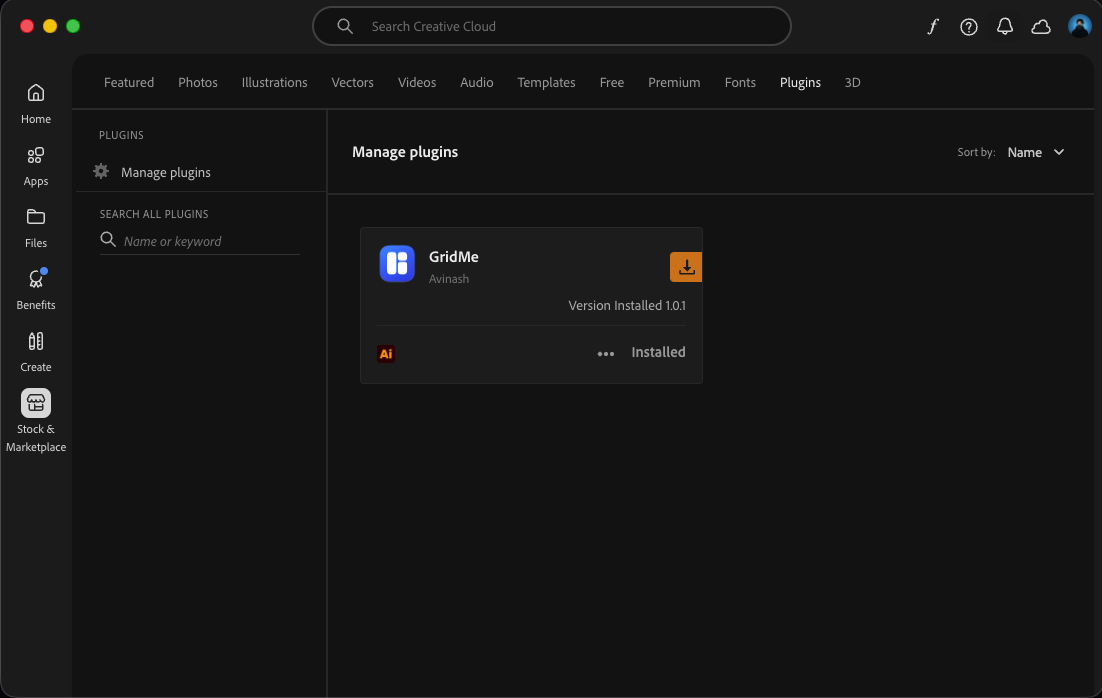 GridMe listed in the Creative Cloud plugins marketplace, ready to install
